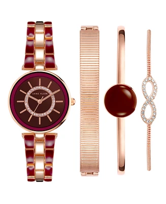 Anne Klein Women's Rose Gold-Tone Alloy Bracelet with Burgundy Enamel and Crystal Accents Fashion Watch 34mm Set 4 Pieces