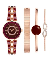 Anne Klein Women's Rose Gold-Tone Alloy Bracelet with Burgundy Enamel and Crystal Accents Fashion Watch 34mm Set 4 Pieces