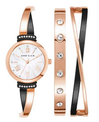 Anne Klein Women's Rose Gold-Tone and Black Alloy Bangle with Crystal Accents Fashion Watch 33mm Set 3 Pieces - Rose Gold