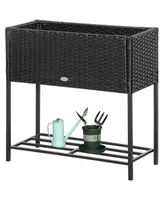 Pe Rattan Outdoor Raised Flower Garden Planter Bed w/ Shelf