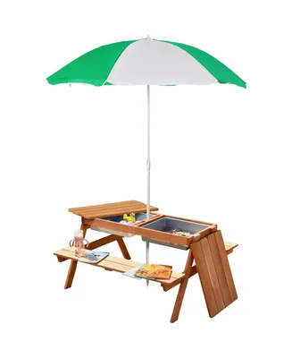 Outsunny Fir Wood Kids Table Set with Parasol and Storage Space, Natural Wood