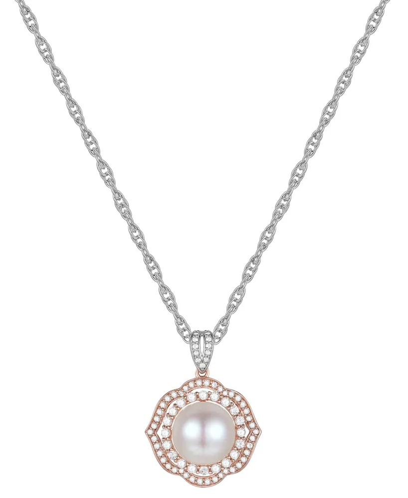 Cultured Freshwater Pearl (9mm) & Diamond (1/2 ct. t.w.) 18" Pendant Necklace in 10k Rose & White Gold