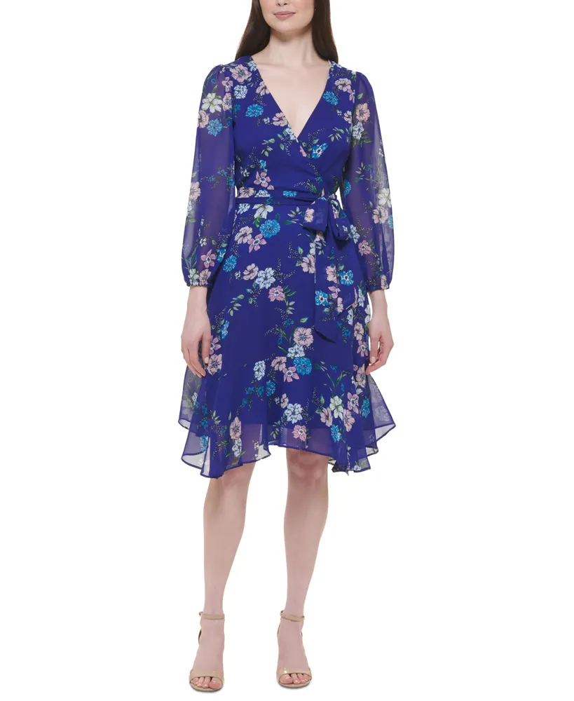 Jessica Howard Petite Printed-Chiffon Midi Tie-Waist Dress - Macy's