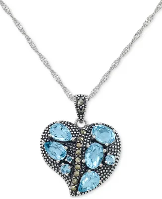 Blue Topaz (2-1/10 ct. t.w.) & Marcasite Heart Cluster 18" Pendant Necklace in Sterling Silver