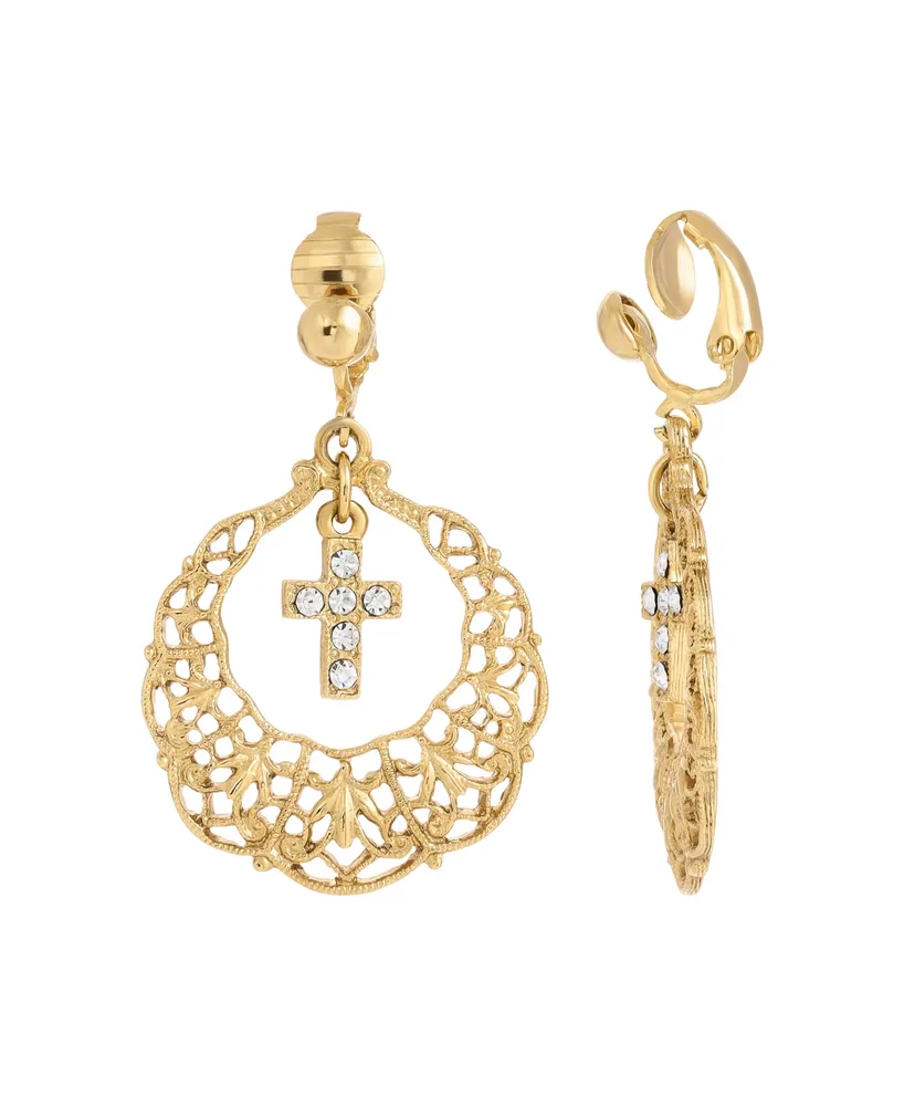 Symbols of Faith Gold-Tone Crystal Cross Clip Earrings