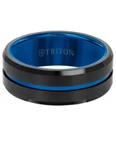 Triton Men's Brushed Finish Wedding Band Black & Blue Tungsten Carbide