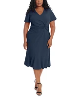 London Times Plus Size Twist-Front Flounce-Hem Dress