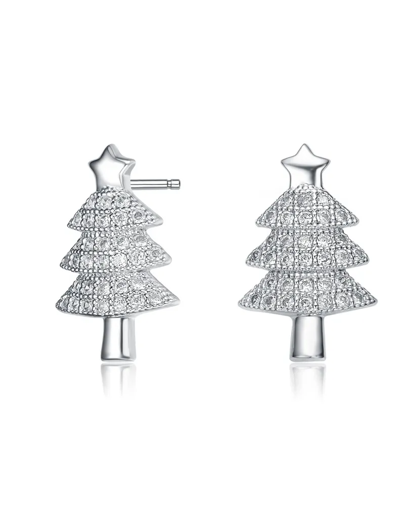 Genevive Sterling Silver with Rhodium Plated Clear Round Cubic Zirconia Pave Christmas Tree Earrings