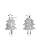 Genevive Sterling Silver with Rhodium Plated Clear Round Cubic Zirconia Pave Christmas Tree Earrings