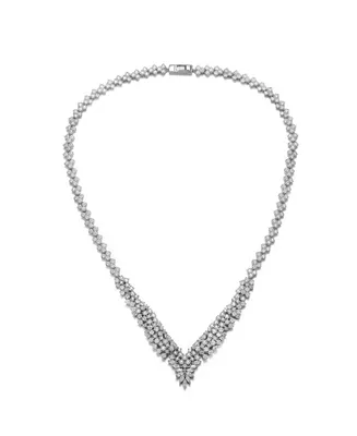 Genevive Exquisite Sterling Silver Clear Princess Cluster Necklace with White Gold Plating and Cubic Zirconia Accents