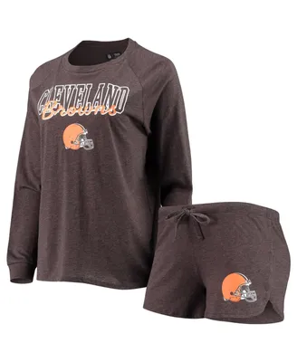 Women's Concepts Sport Brown Cleveland Browns Meter Knit Long Sleeve Raglan Top and Shorts Sleep Set