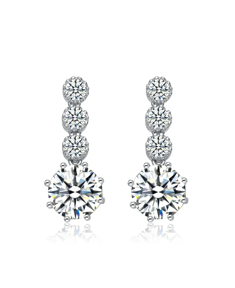 Genevive Sterling Silver with Rhodium Plated Clear Round Cubic Zirconia Tier Drop Earrings