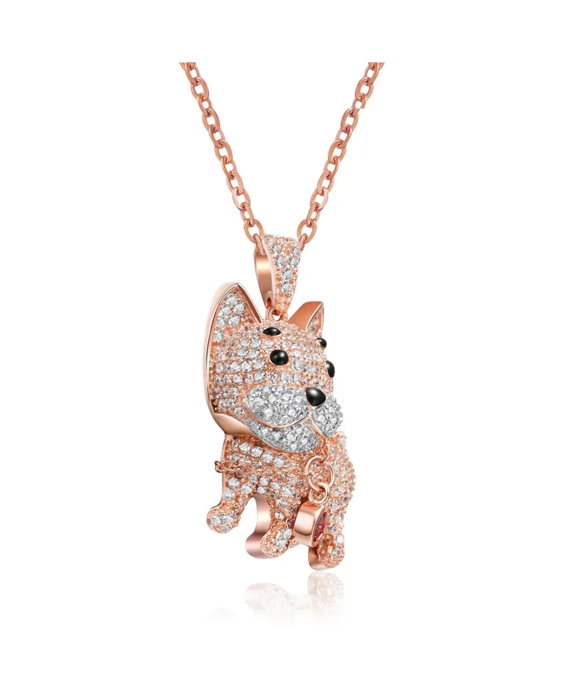 Genevive Sterling Silver Rhodium and 18K Gold Plated Enamel and Cubic Zirconia Cat Pendant