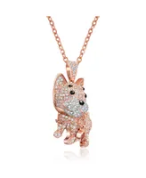 Genevive Sterling Silver Rhodium and 18K Gold Plated Enamel and Cubic Zirconia Cat Pendant