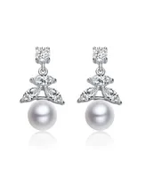 Sterling Silver with Rhodium Plated White Round Freshwater Pearl with Marquise and Round Cubic Zirconia Earrings