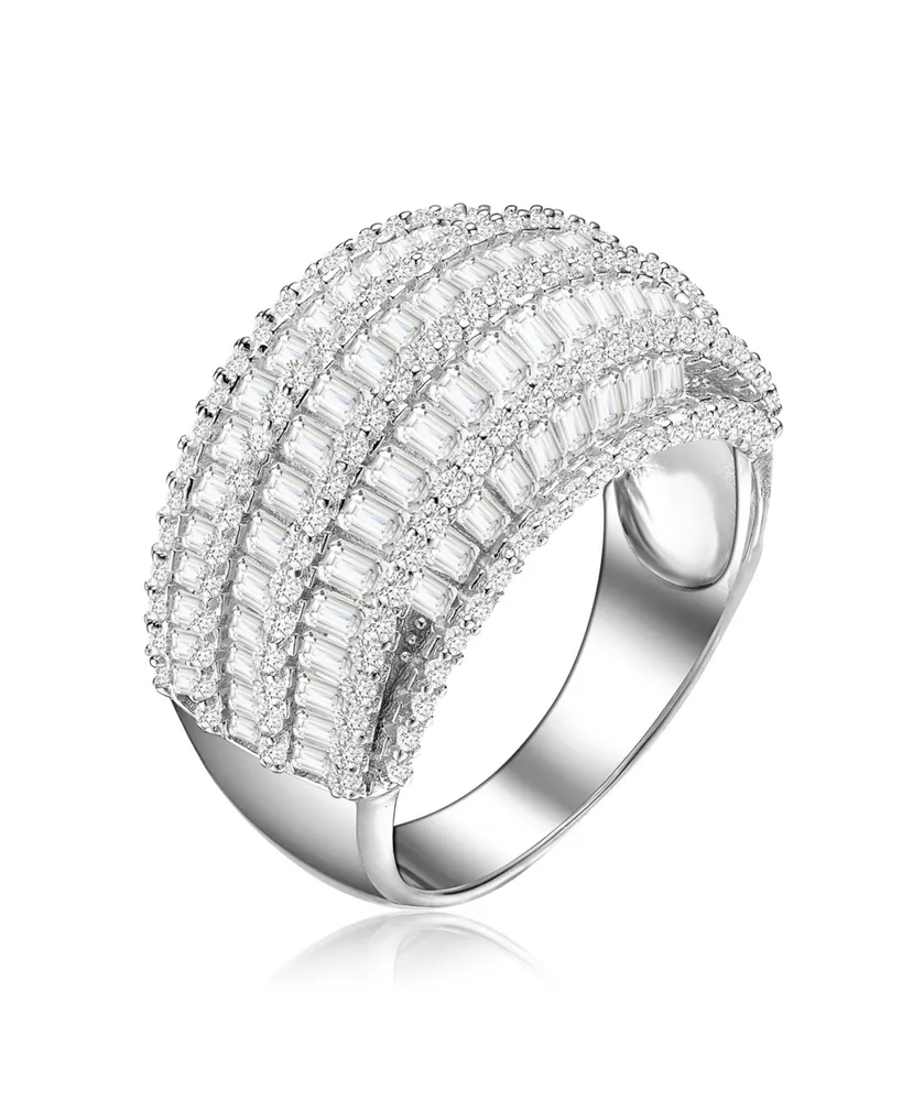 Sterling Silver with White Gold Plated Clear Round Cubic Zirconia Cluster Cocktail Ring