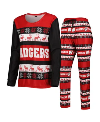 Women's Foco Red Wisconsin Badgers Ugly Long Sleeve T-shirt and Pajama Pants Sleep Set