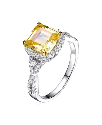 Sterling Silver White Gold Plated Yellow Cushion Cubic Zirconia with Clear Round Zirconias Accent Twisted Ring