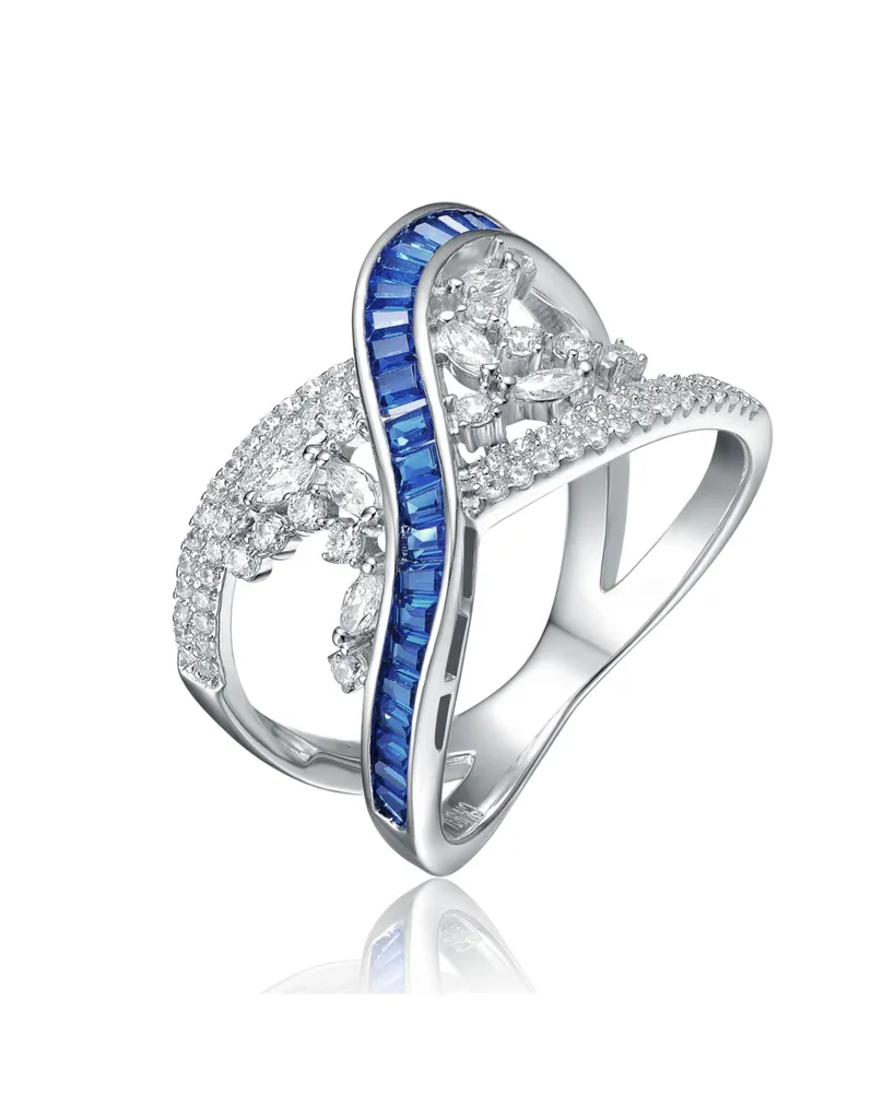 Genevive Sterling Silver Rhodium Plated with Sapphire Cubic Zirconia Criss-Cross Ring