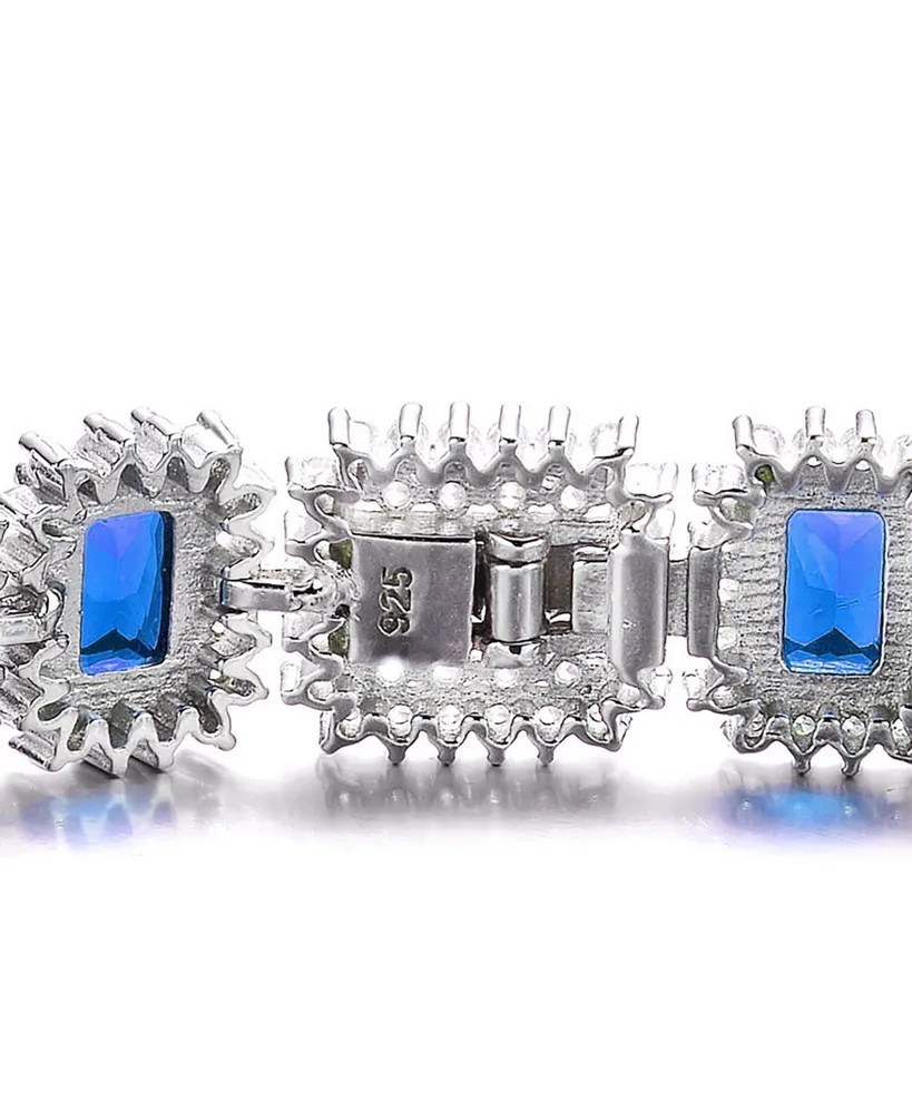 Genevive Sterling Silver with Blue Sapphire & Cubic Zirconia Rectangular Halo Cluster Link Vintage Tennis Bracelet