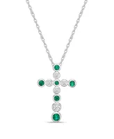 Lab Grown Emerald and Lab Grown White Sapphire (3/4 ct. t. w.) Bezel Set Cross Pendant Necklace Set in Sterling Silver