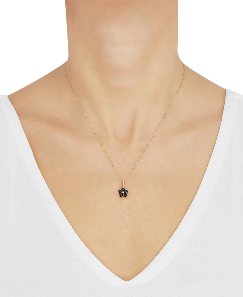 Onyx & Diamond Accent Flower 18" Pendant Necklace in 10k Gold