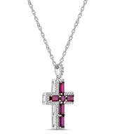 Sterling Silver Halo Birthstone Style Lab Grown Ruby and Lab Grown White Sapphire Fancy Cut Cross Pendant Necklace