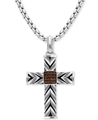 Le Vian Chocolatier Men's Chocolate Diamond Textured Cross 22" Pendant Necklace (1/8 ct. t.w.) in Sterling Silver & 14k Rose Gold-Plate