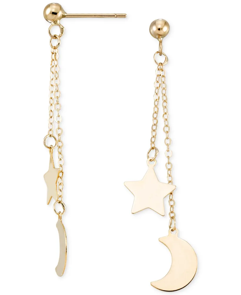 Polished Star & Moon Chain Drop Earrings in 10k Gold
