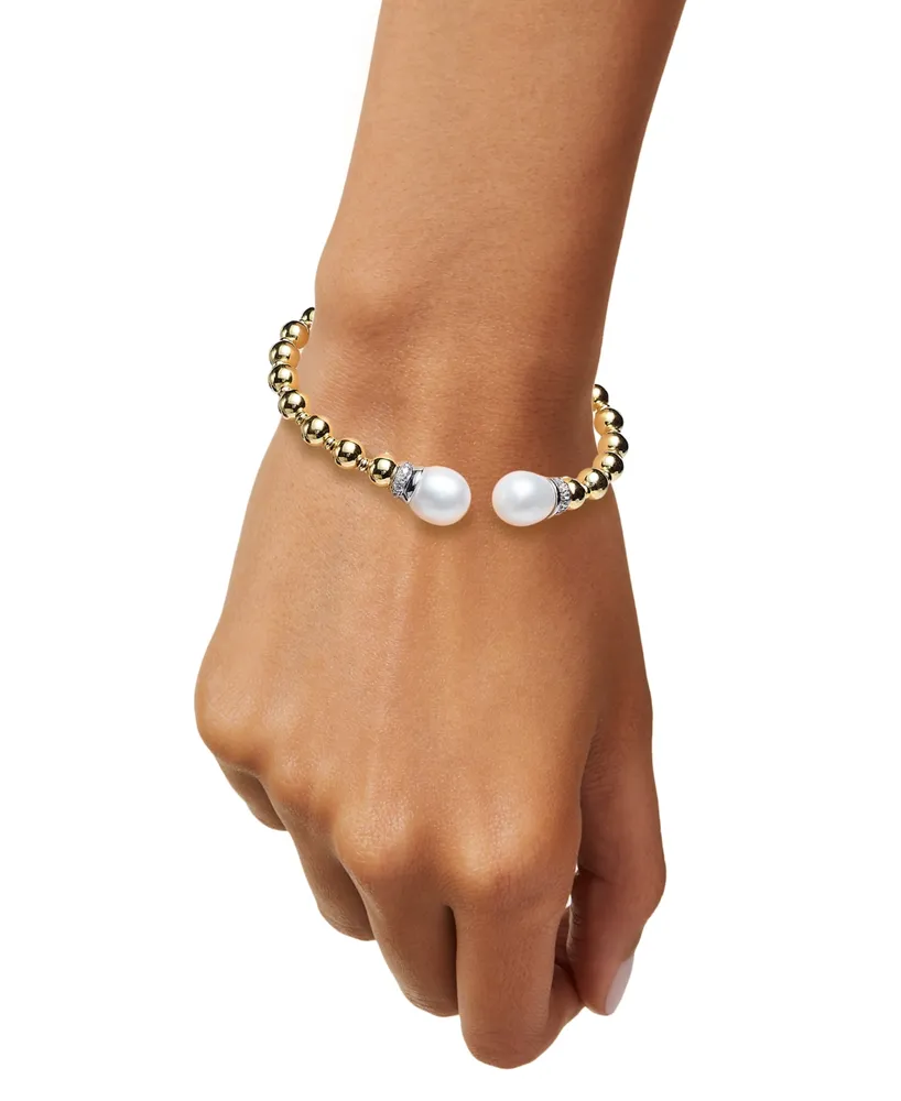 Cultured Freshwater Pearl (9-1/2 x 10-1/2mm) & Cubic Zirconia Beaded Cuff Bracelet