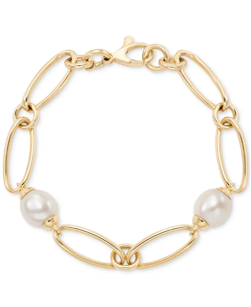 Cultured Freshwater Pearl (9-3/4 x 10-3/4mm) Oval Link Bracelet in 14k Gold-Plated Sterling Silver