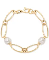 Cultured Freshwater Pearl (9-3/4 x 10-3/4mm) Oval Link Bracelet in 14k Gold-Plated Sterling Silver