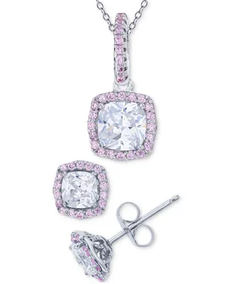 2-Pc. Set White & Pink Cubic Zirconia Square Halo Pendant Necklace & Matching Stud Earrings in Sterling Silver