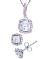 2-Pc. Set White & Pink Cubic Zirconia Square Halo Pendant Necklace & Matching Stud Earrings in Sterling Silver