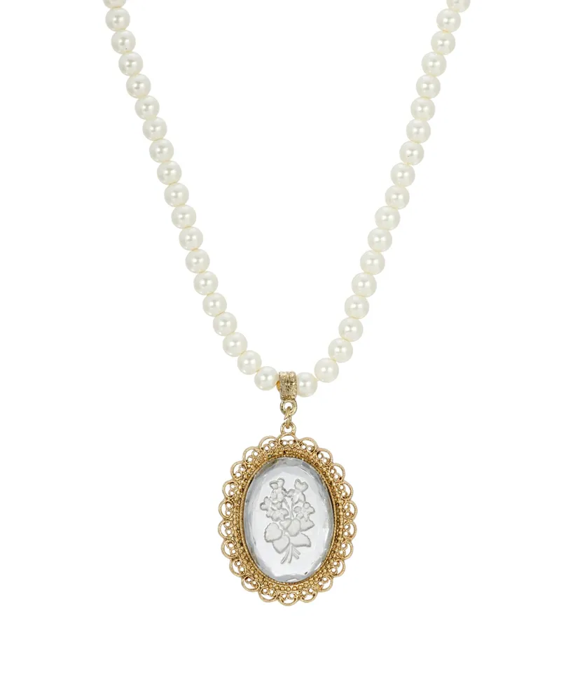 2028 14K Gold-tone Clear Oval Intaglio Imitation Pearl Strand Necklace