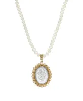 2028 14K Gold-tone Clear Oval Intaglio Imitation Pearl Strand Necklace
