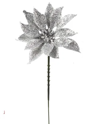 Floral Home 24-Pack Silver Glitter Poinsettia Picks - Festive Christmas Decor