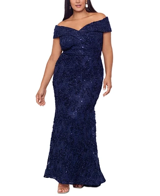 Xscape Plus Embellished Lace Off-The-Shoulder Gown