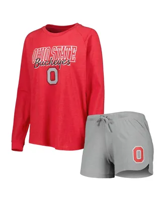 Women's Concepts Sport Scarlet, Gray Ohio State Buckeyes Raglan Long Sleeve T-shirt and Shorts Sleep Set