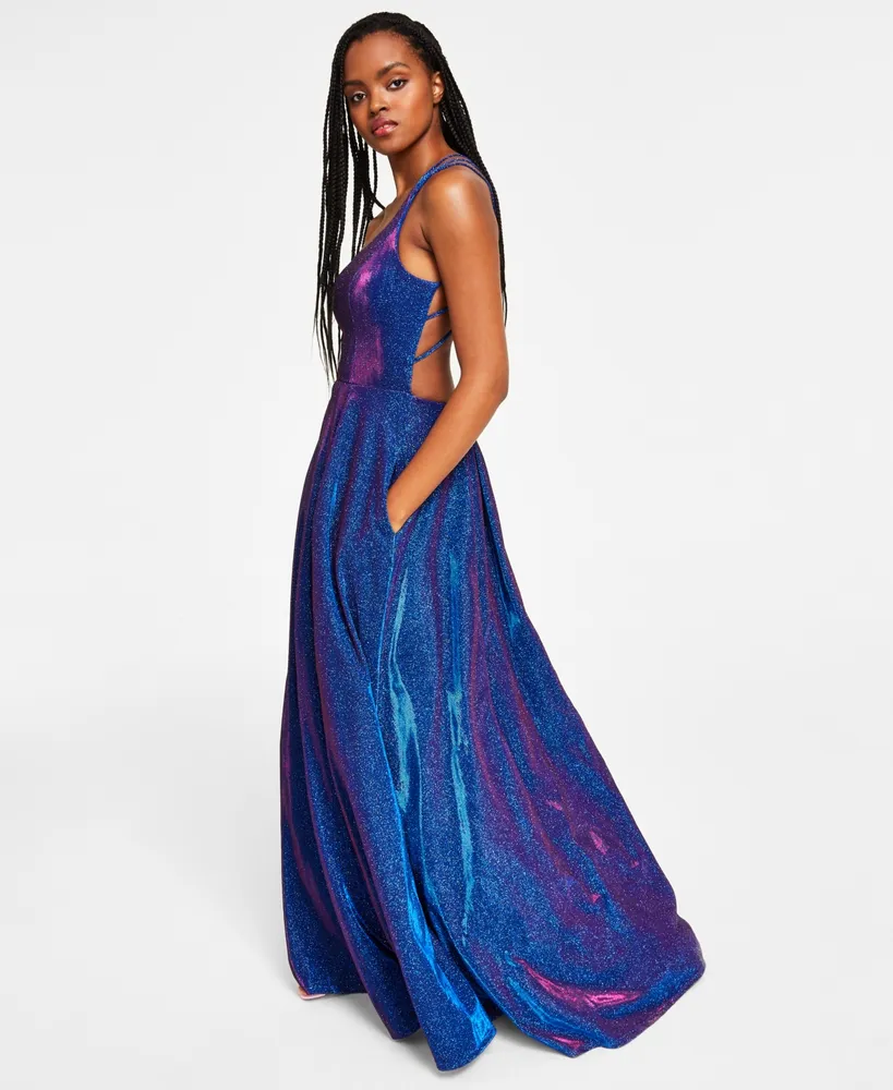 B Darlin Juniors' Strappy-Back Glitter-Finish Gown, Created for Macy's