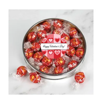 Valentine's Day Candy Gift Tin with Chocolate Lindor Truffles by Lindt Large Plastic Tin with Sticker - Pink & Red - Assorted Pre