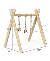 Foldable Wooden Baby Gym with 3 Wooden Baby Teething Toys