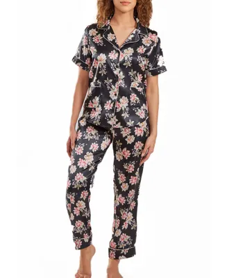 iCollection Women's Cyrus Floral Satin pajama Pant Set with Cuff Detail, 2 Piece - Multi
