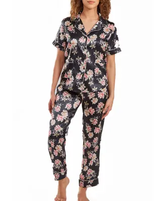 iCollection Women's Cyrus Floral Satin pajama Pant Set with Cuff Detail, 2 Piece