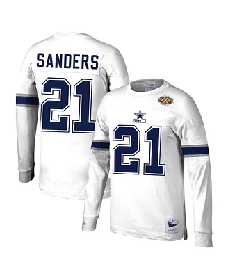 Men's Mitchell & Ness Deion Sanders White Dallas Cowboys Retired Player Name and Number Long Sleeve Top