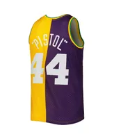 Men's Mitchell & Ness Pete Maravich Purple, Yellow New Orleans Jazz Hardwood Classics 1974-75 Split Swingman Jersey