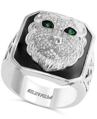 Effy Men's Diamond (1/2 ct. t.w.) & Emerald Accent Black Enamel Lion Ring in Sterling Silver