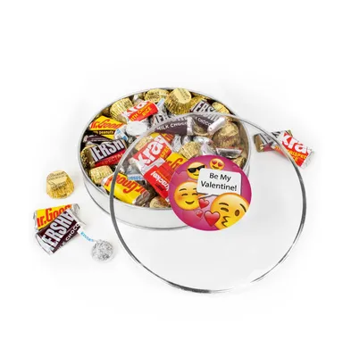 Valentine's Day Candy Gift Tin - Plastic Gift Tin with Hershey's Kisses, Hershey's Miniatures & Reese's Peanut Butter Cups - Emoji - Assorted Pre