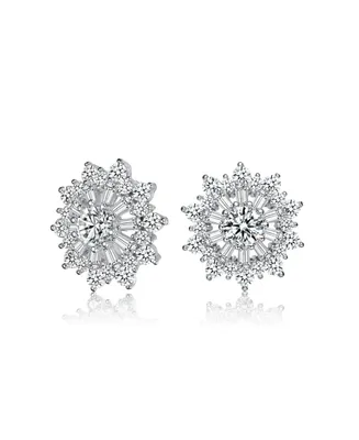 Genevive Gv Sterling Silver White Gold Plated Clear Round and Baguette Cubic Zirconia Wreath Stud Earrings