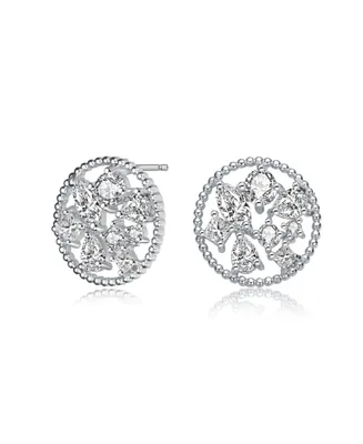 Genevive Gv Sterling Silver White Gold Plated Ball Halo with Clear Multi Shape Cubic Zirconia Round Earrings
